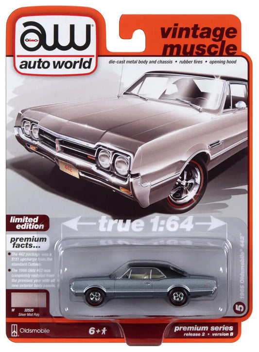 AutoWorld Vintage Muscle 1966 Oldsmobile 442 Silver Mist Poly w/Flat Black Roof AWSP132B