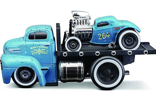2021 Muscle Machines 1950 Ford COE Flatbed Truck and 1933 Ford 3W Coupe #264 Matt Light Blue with Graphics "Pablo's Customs  1:64 muscle transports