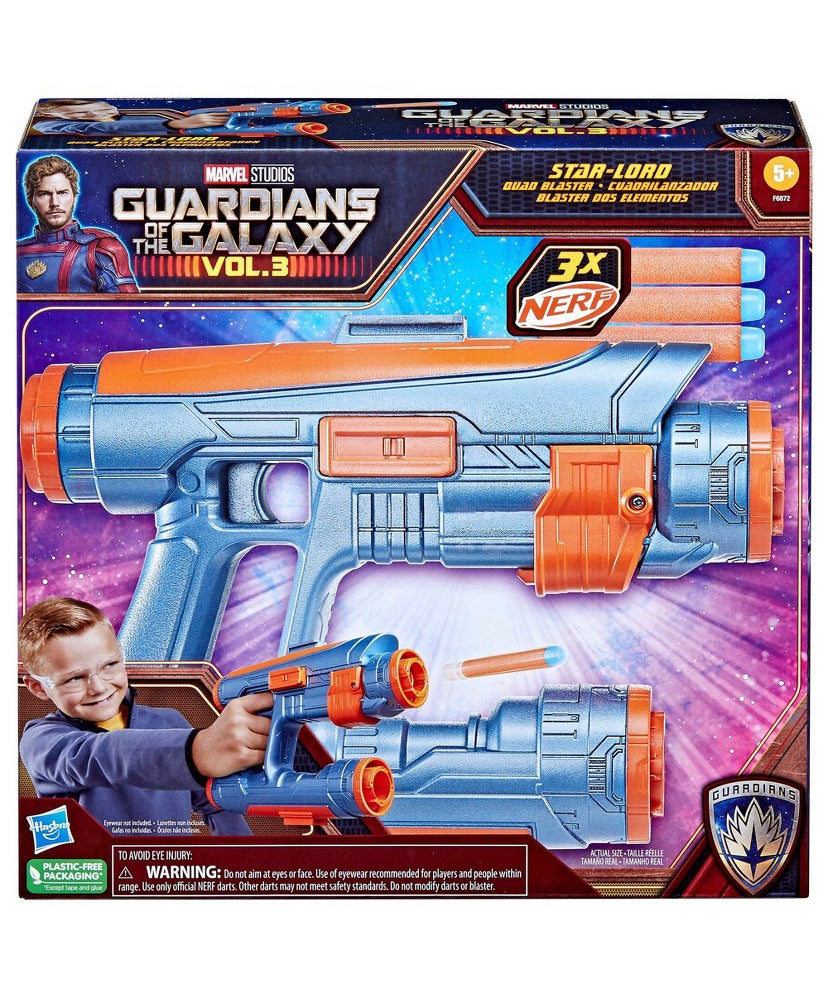 Marvel Studios' Guardians of The Galaxy Vol. 3 Nerf Star-Lord Quad Blaster, 3 Nerf Darts,