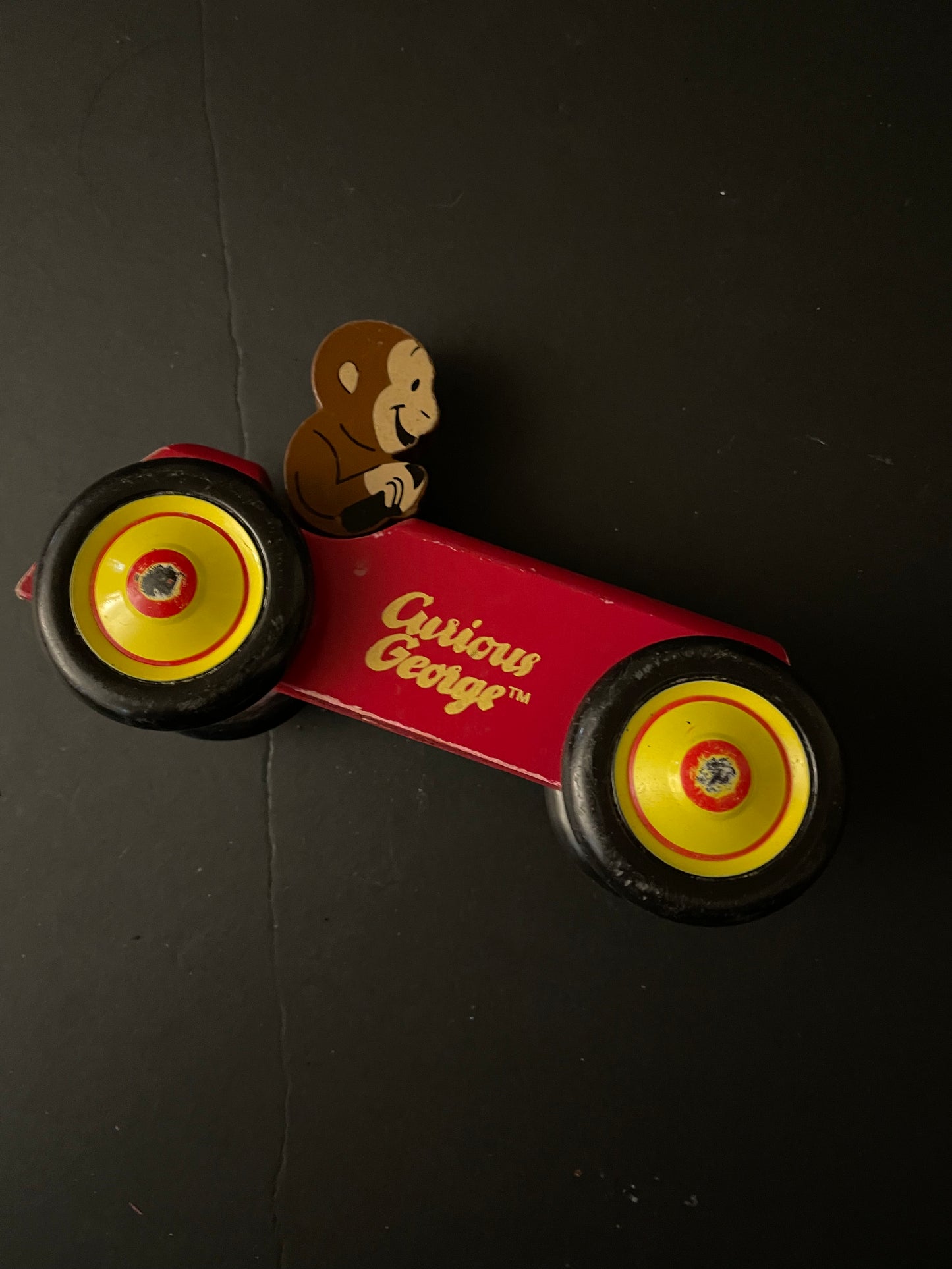 Vintage Schylling Wooden Curious George Monkey Red Car NICE!