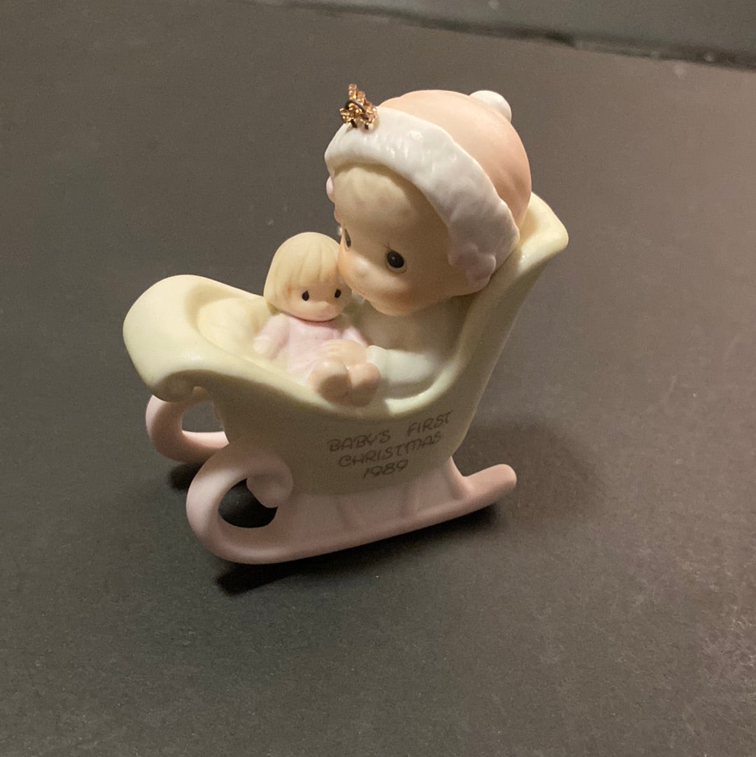 1989 Precious Moments Ornament Babys 1st First Christmas Sled Samuel J Butcher