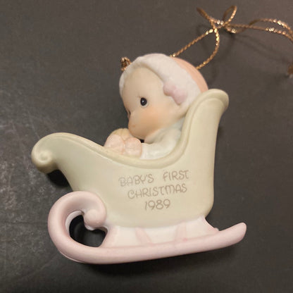 1989 Precious Moments Ornament Babys 1st First Christmas Sled Samuel J Butcher