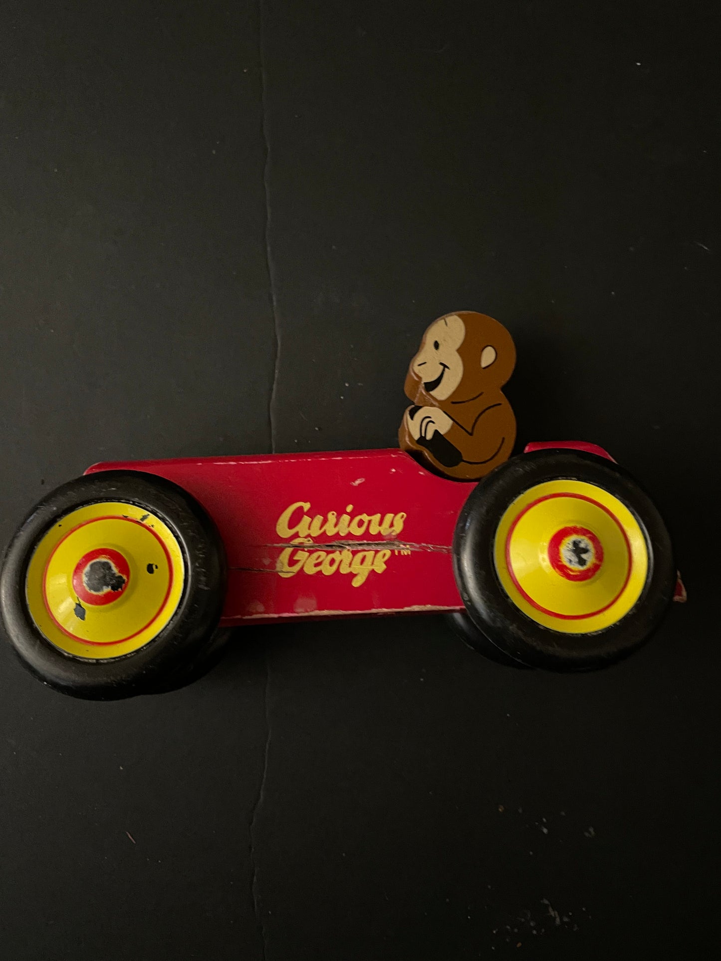 Vintage Schylling Wooden Curious George Monkey Red Car NICE!