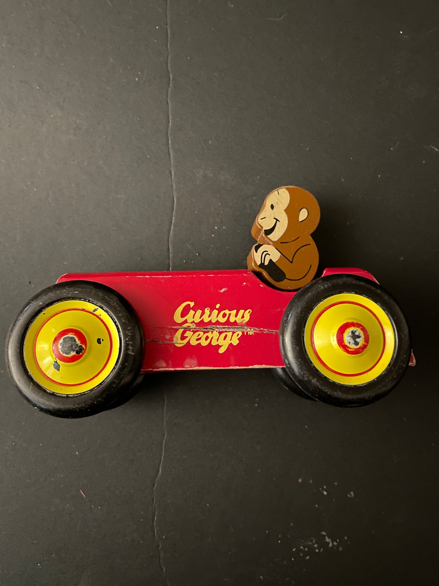 Vintage Schylling Wooden Curious George Monkey Red Car NICE!