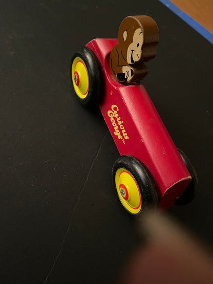 Vintage Schylling Wooden Curious George Monkey Red Car NICE!