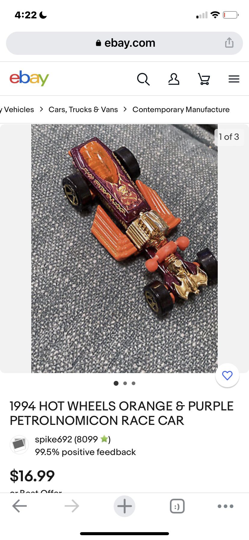 Collectible Item! 1994 HOT WHEELS ORANGE & PURPLE PETROLNOMICON RACE CAR