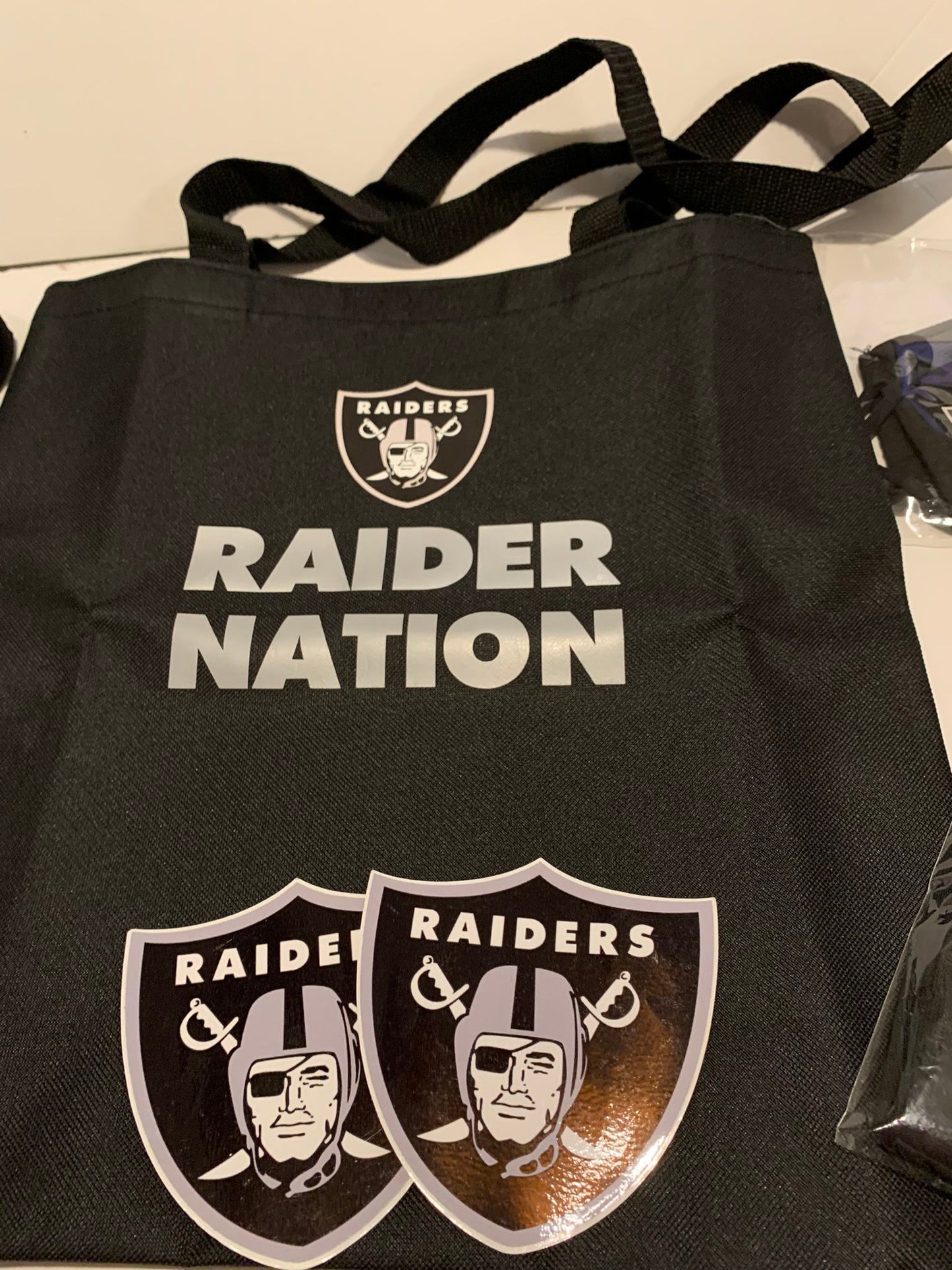 New!! Black Raiders Tote Reusable Bag! High quality! 16” Comes With A Free 4” Waterproof Raiders Sticker